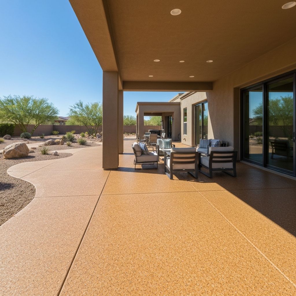 Premium polyurea outdoor patio coating with pecan chip flake finish