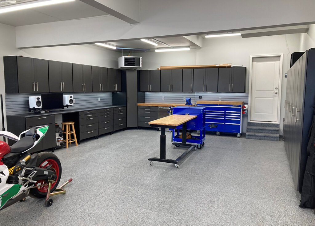 Black and pewter custom garage cabinets