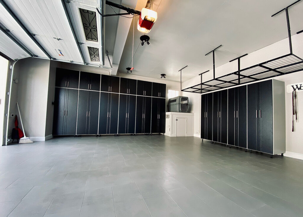 Tall garage cabinets and overhead storage